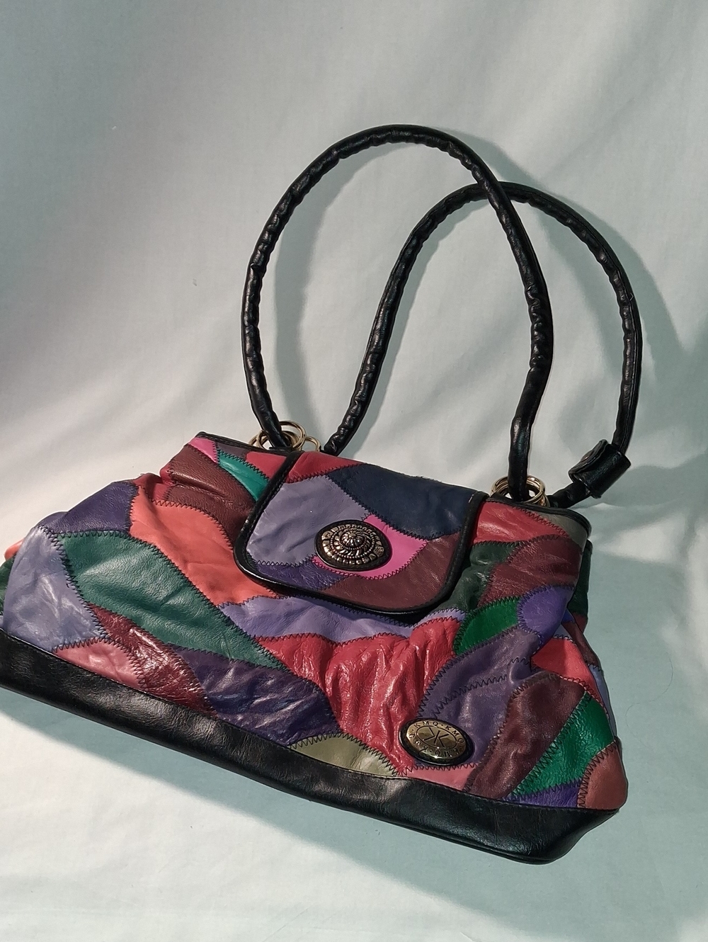 Vintage KMQ 1980s Multicolor Patchwork Satchel Handbag 100% Piel Multi Colors
